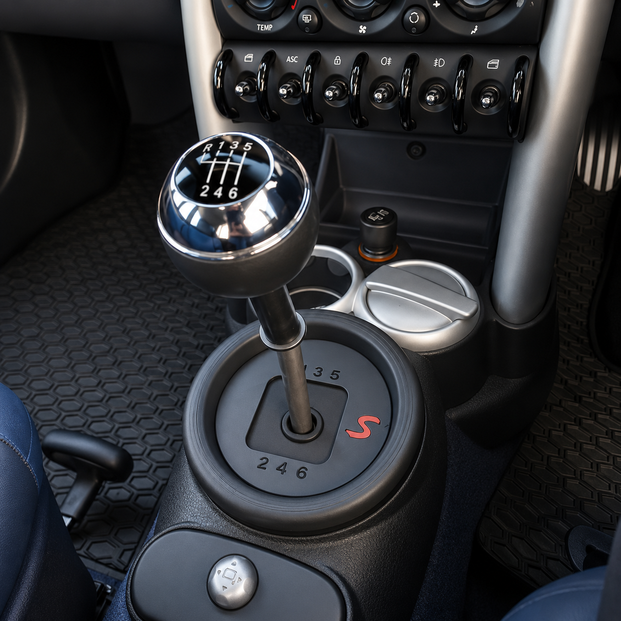 Mini Cooper S/JCW Gen 1 interior showing a fitted gear shift boot delete kit around the manual gear lever.